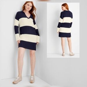 Elegant Navy and Cream Striped Long Sleeve Dress